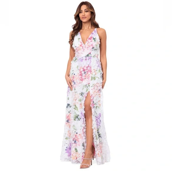 Xscape 3D-Appliqué Floral-Print Gown Size 4 White‎ Pink Formal Evening Dress Maxi